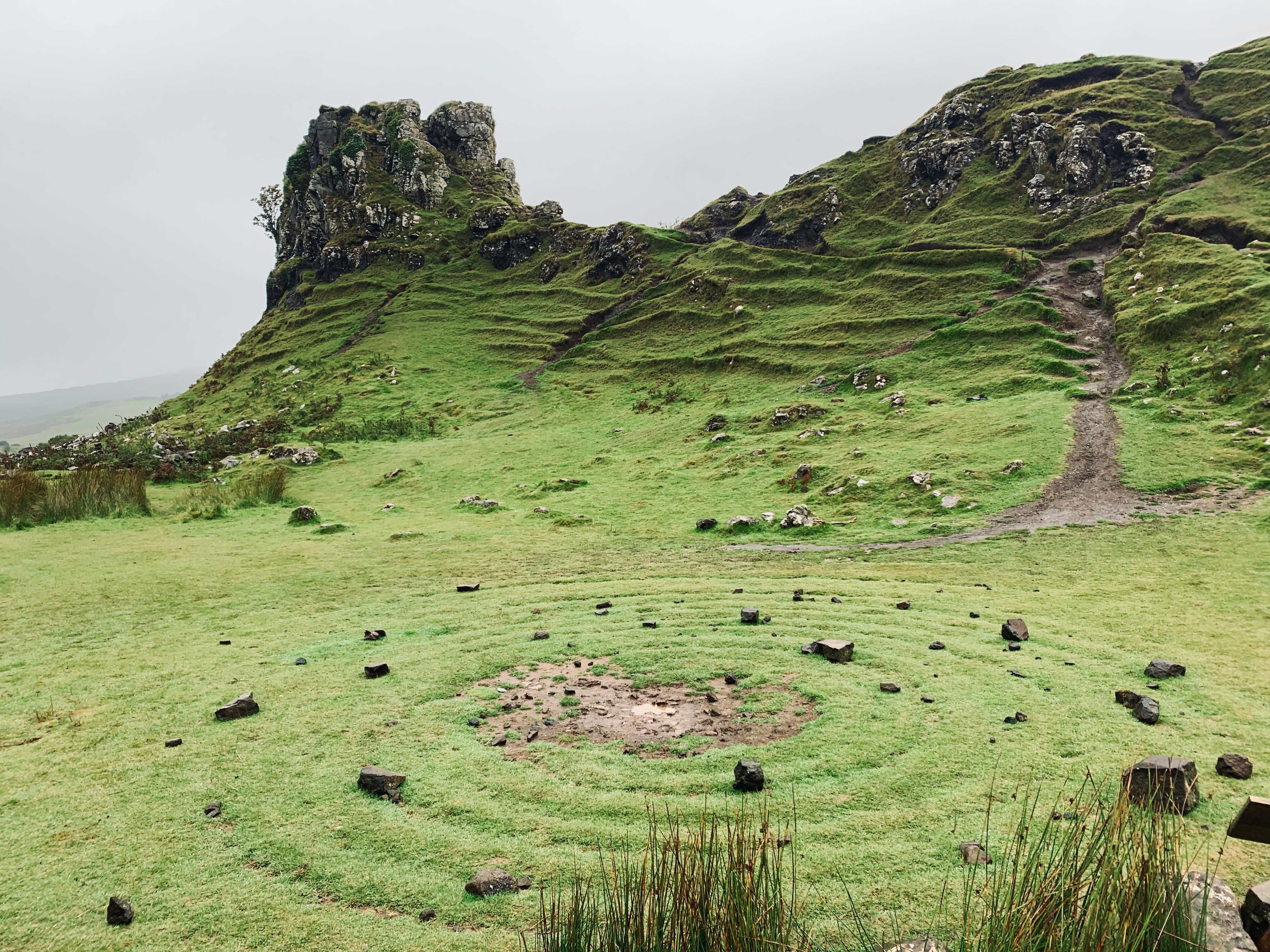 grassy ringed field on mountain